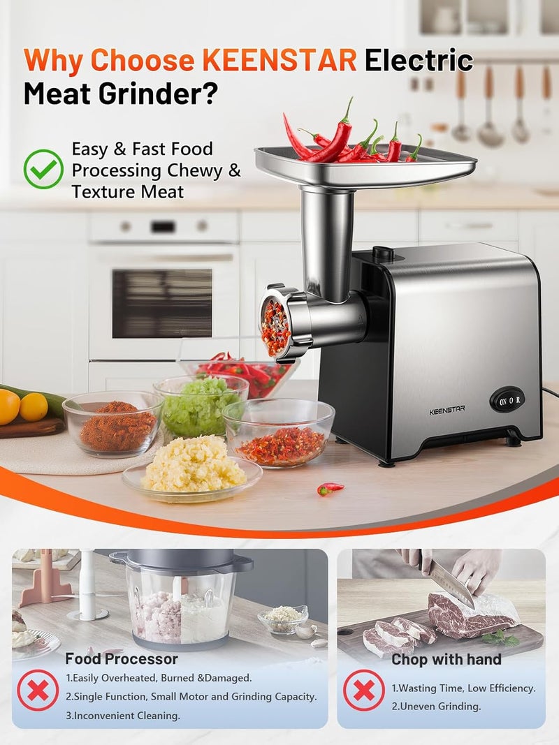 KEENSTAR 3000W Max Heavy Duty Electric Meat Grinder with Sausage Stuffer Maker & Kubbe Kit, Food Grinder with Blade & 3 Plates, Stainless Steel Meat Mincer Machine for Home Kitchen Use - Image 4